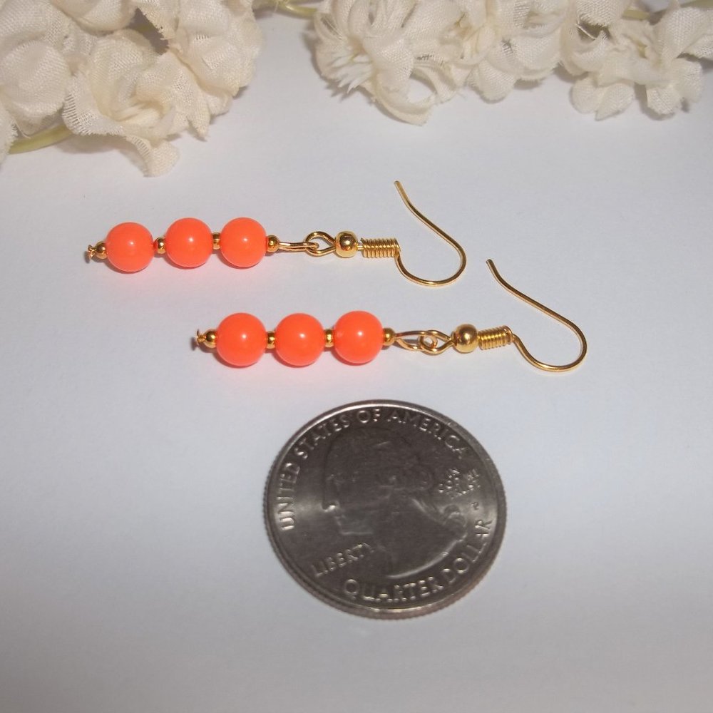 Neon Orange and Gold Earrings Fashion Jewelry Dangle Beaded Handmade Sleek 6772 - Picture 5 of 8